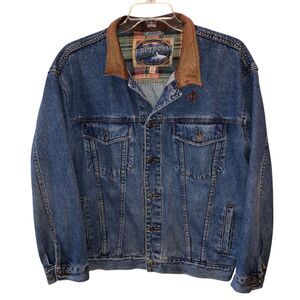 Vintage Dunbrooke Upstream Mens XL Blue Denim Leather Button Trucker Jacket Coat
